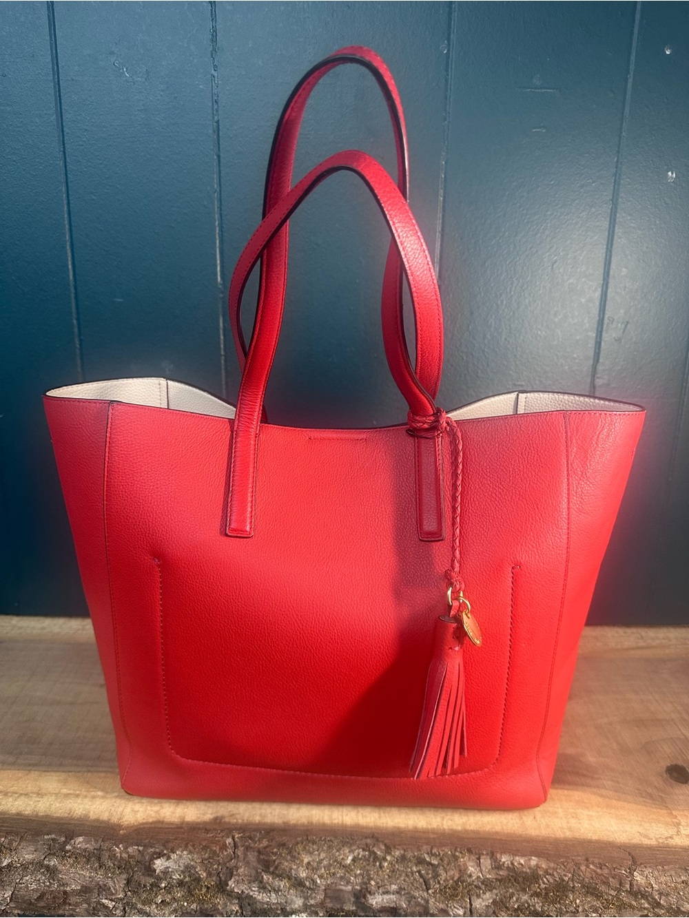 Cole Haan Red Pebbled Leather Tote Shoulder Bag w/ Tassel & Large Pouch